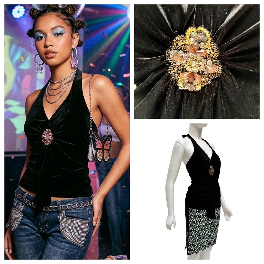 Vintage Y2K Cache Black Velvet Halter Top Beaded Evening Sz S Euphoria Night Out
